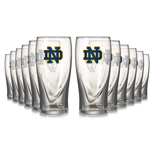 A 12-pack of Guinness Notre Dame 16oz pint glasses, each featuring a blue and gold logo, arranged in two rows.